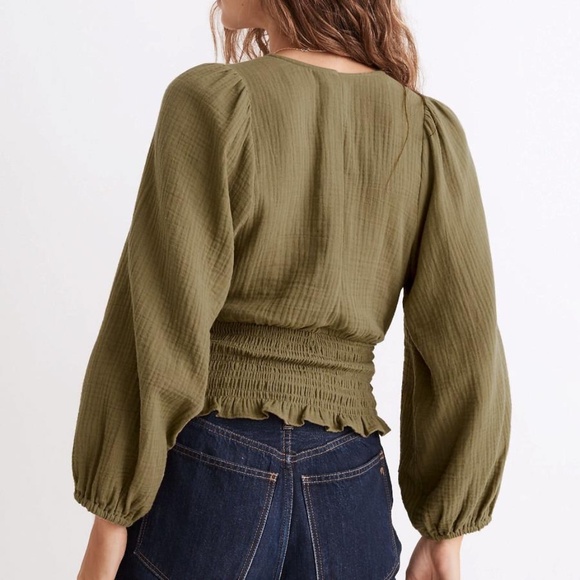 Madewell Deep Green Smocked Blouse - Picture 2 of 3